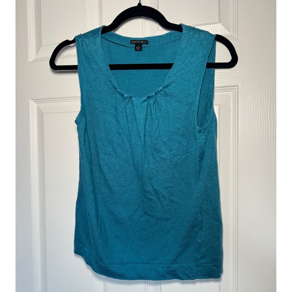 Lafayette 148 New York Teal Blue 100%‎ Linen Pleated Scoop Neck Sleeveless Top L
